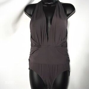 Badley Mischka 1 Pc. Brown Ruching Swimsuit Deep-V Bandeau Halter Logo NWT Sz 12